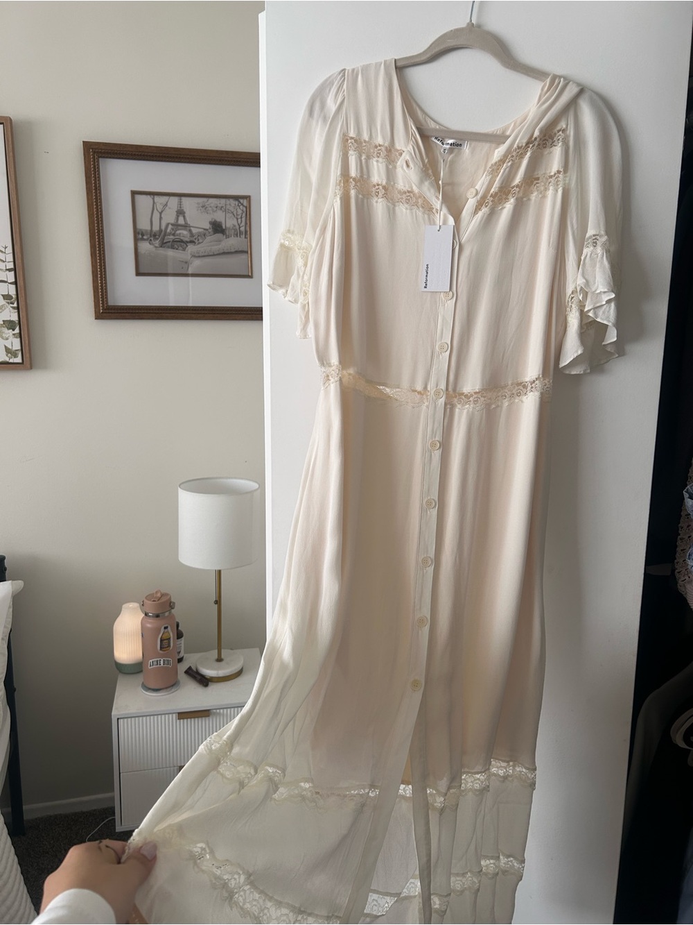 Reformation Ivory Lace-Trim Button Front dress